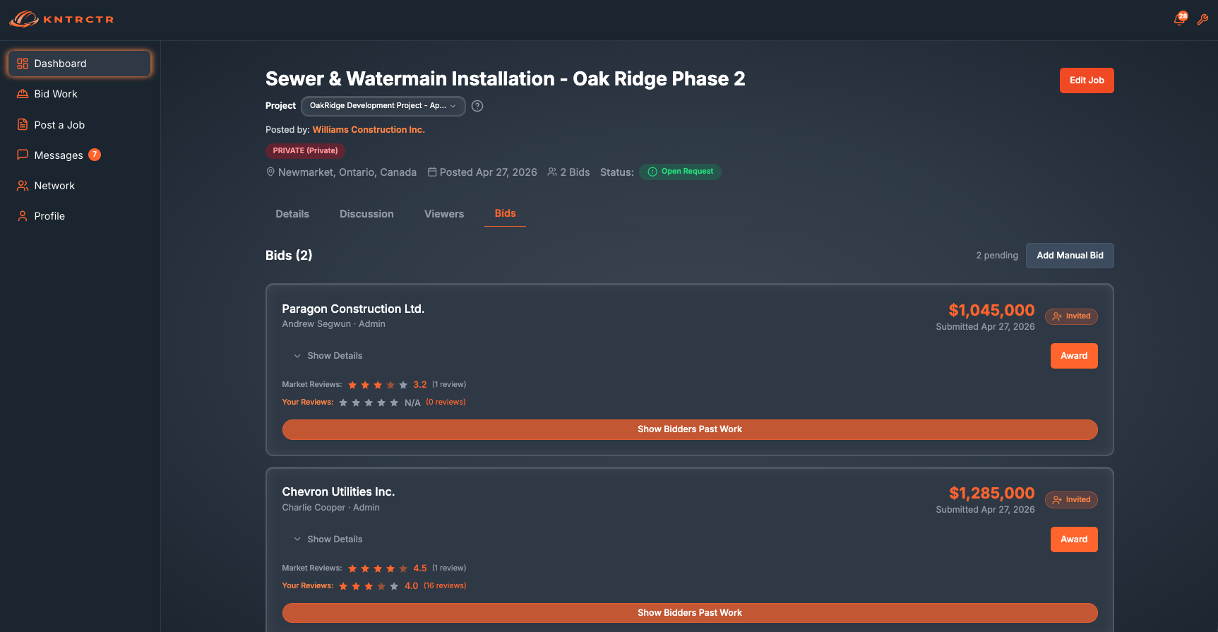KNTRCTR dashboard: bids, subcontractors, and performance in one view